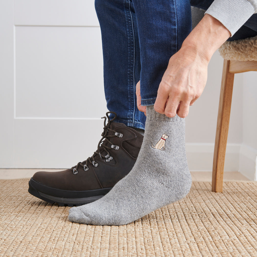 Man wearing Yellow Labrador dog walking socks — embroidered wool blend, unisex gift for dog lovers