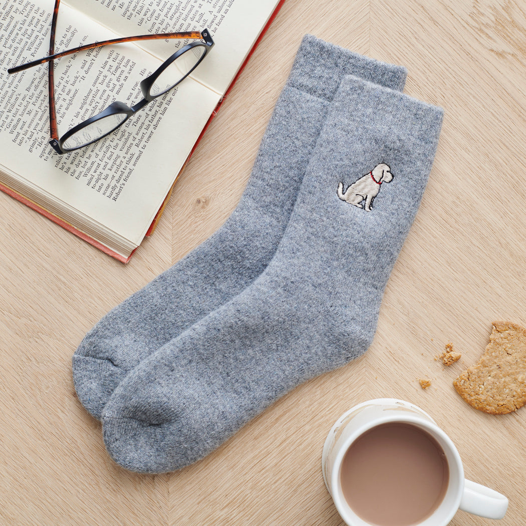 Apricot Cockapoo Labradoodle embroidered socks laid flat – unisex wool walking socks