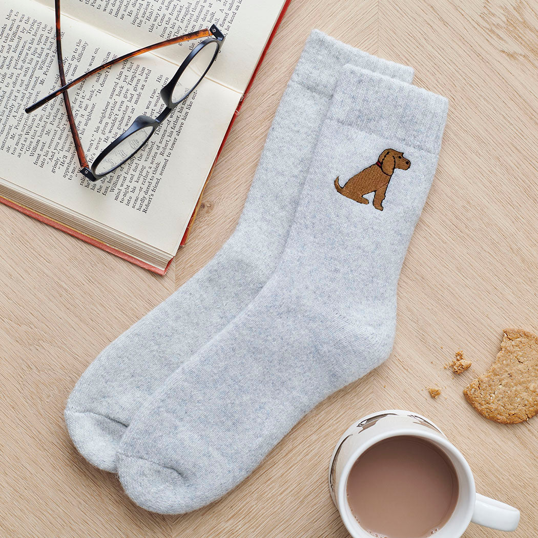 Golden Cocker Spaniel socks laid flat — embroidered unisex wool blend socks, one size fits UK 3–12