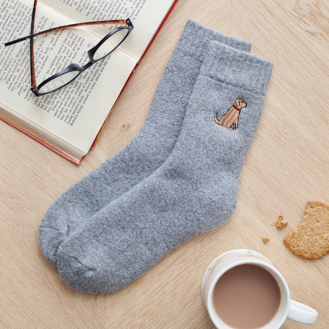 Fox Red Labrador socks laid flat — embroidered unisex wool blend socks, one size fits UK 3–12