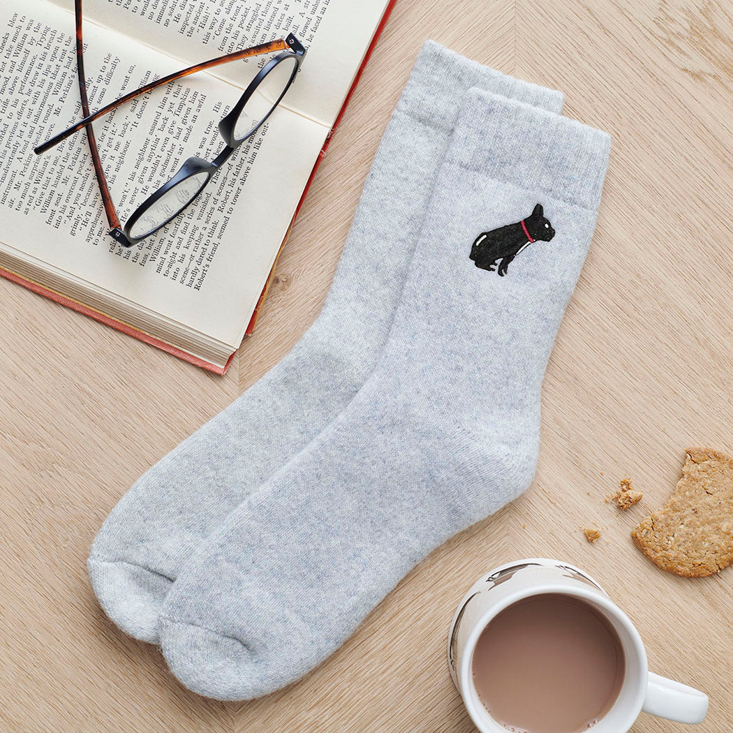 French Bulldog socks laid flat — embroidered unisex wool blend socks, one size fits UK 3–12