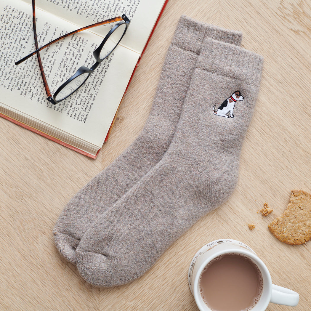 Jack Russell dog walking socks laid flat — embroidered unisex wool blend socks, one size fits UK 3–12