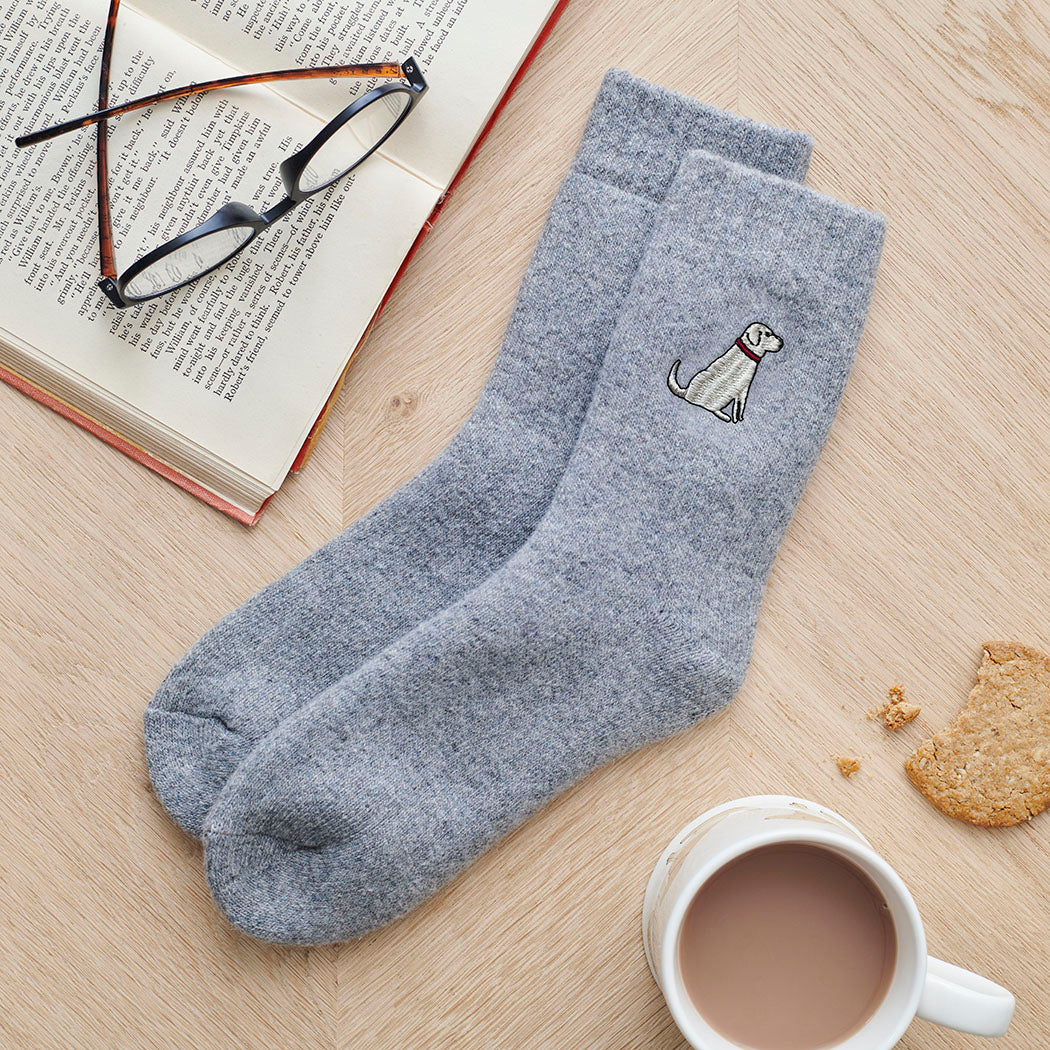 Yellow Labrador dog walking socks laid flat — embroidered unisex wool blend socks, one size fits UK 3–12