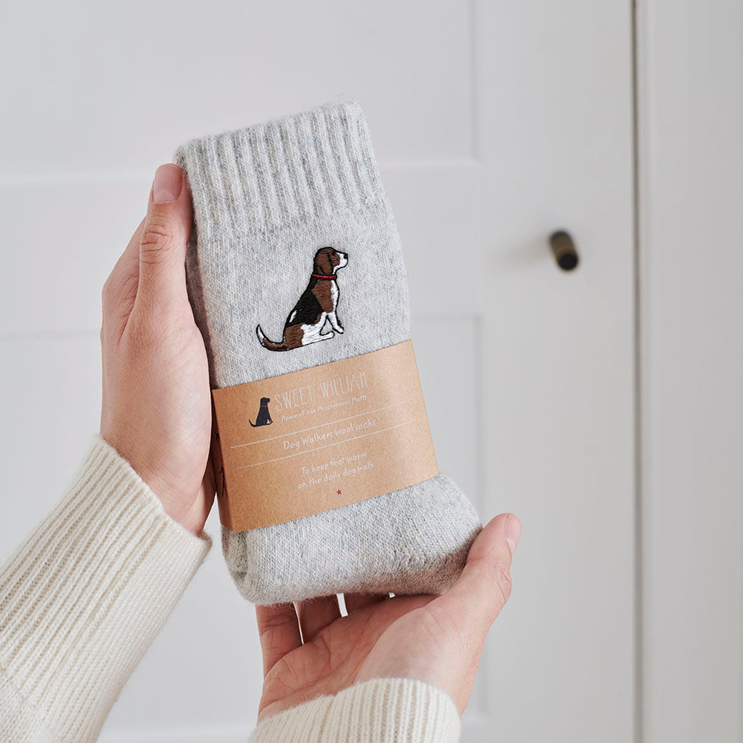 Beagle socks in hand – embroidered wool dog lover gift