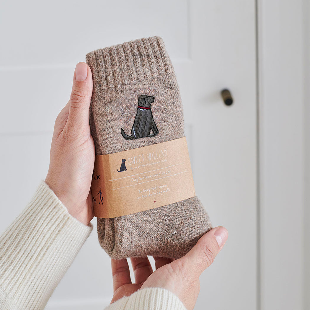 Chocolate Labrador socks in hand – embroidered wool dog lover gift