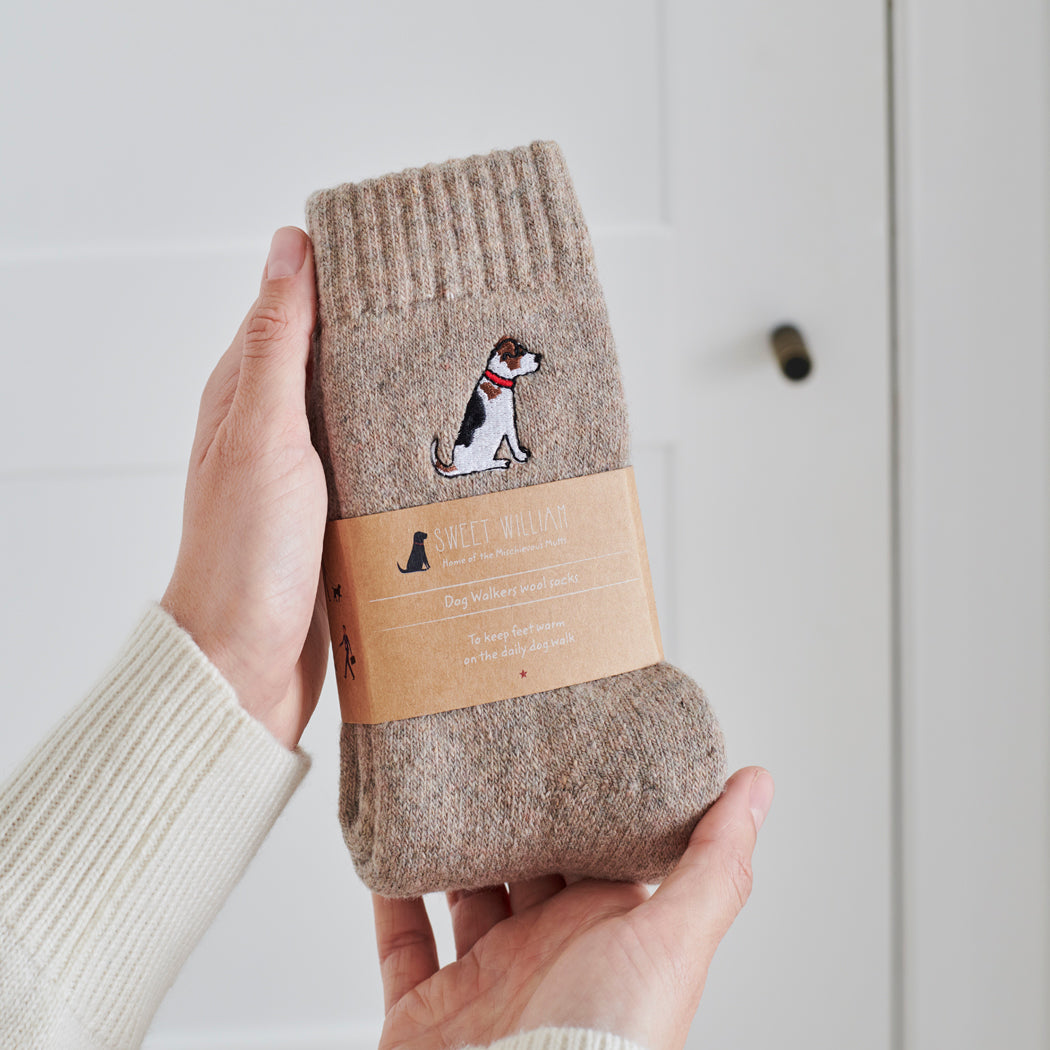 Jack Russell embroidered socks held in hand — soft wool blend dog lover gift by Sweet William Designs
