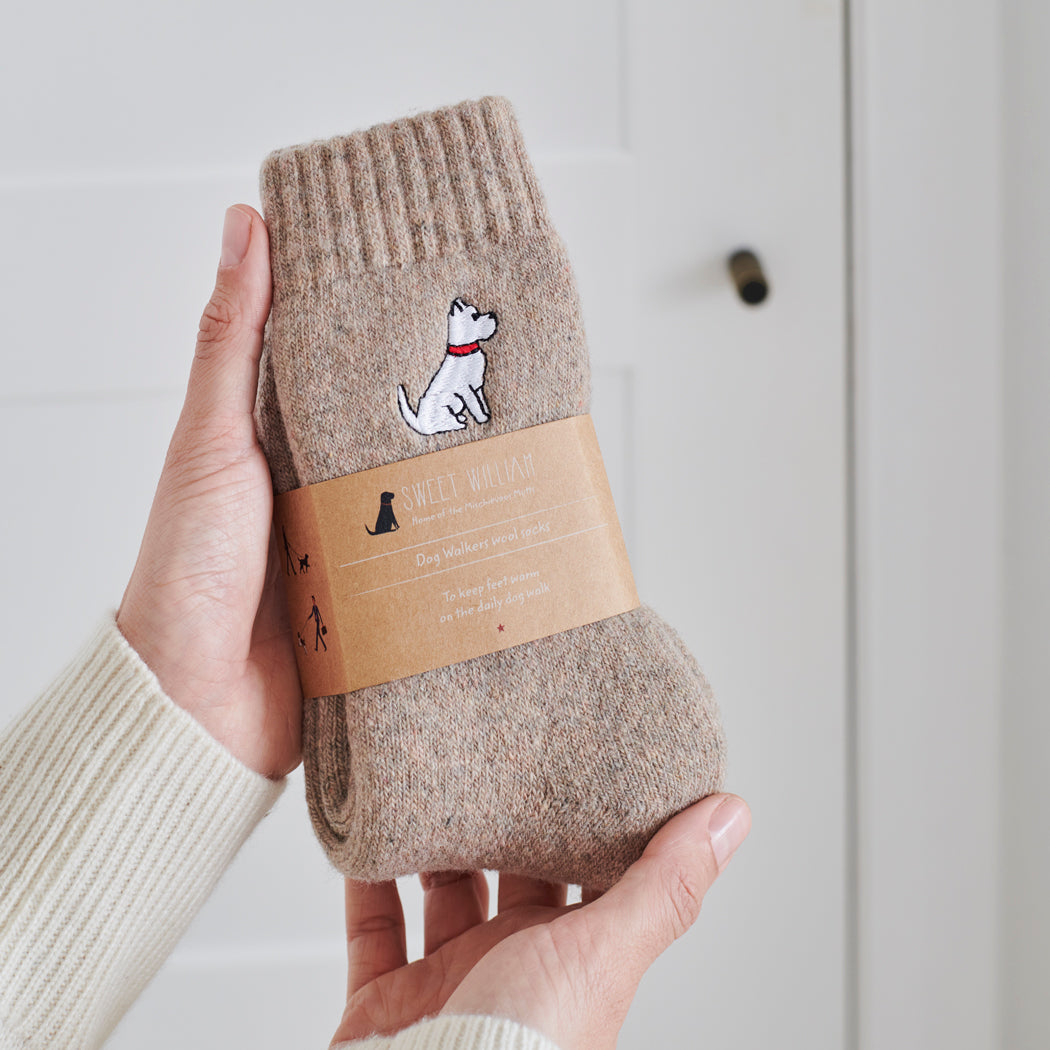 Westie embroidered socks held in hand — soft wool blend dog lover gift by Sweet William Designs