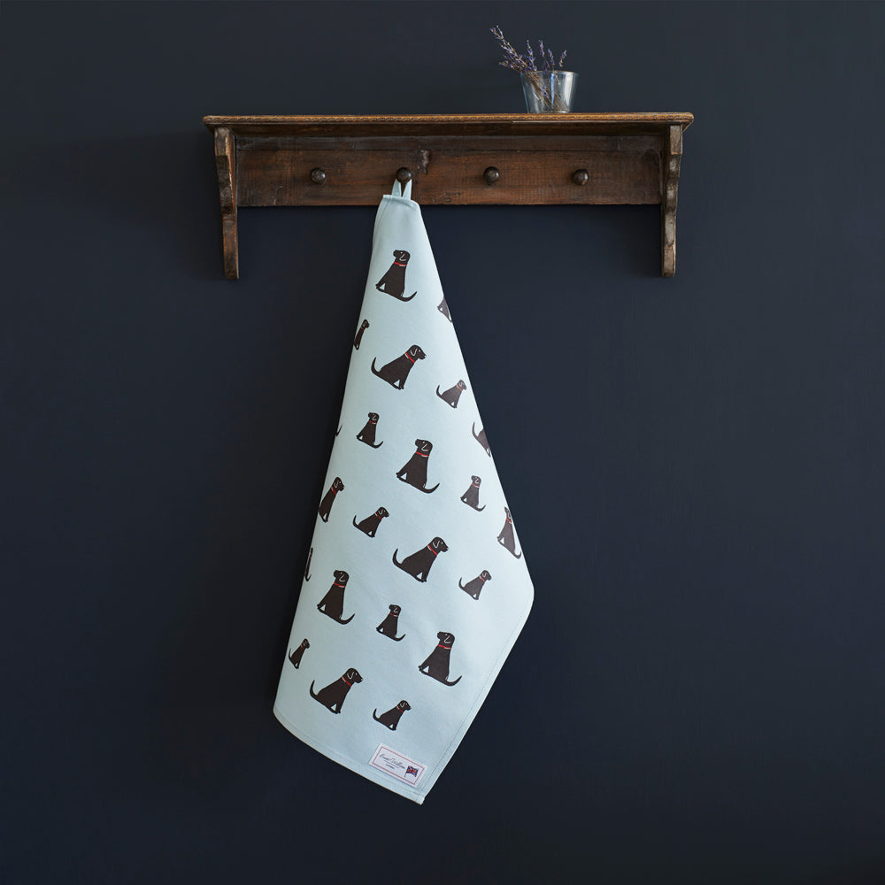 Chocolate Labrador tea towel in thick organic cotton — screen printed Chocolate Labrador illustration, kitchen gift for dog lovers by Sweet William Designs