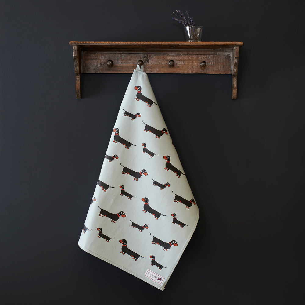 Dachshund / Sausage Dog tea towel in thick organic cotton — screen printed Dachshund illustration, kitchen gift for dog lovers by Sweet William Designs
