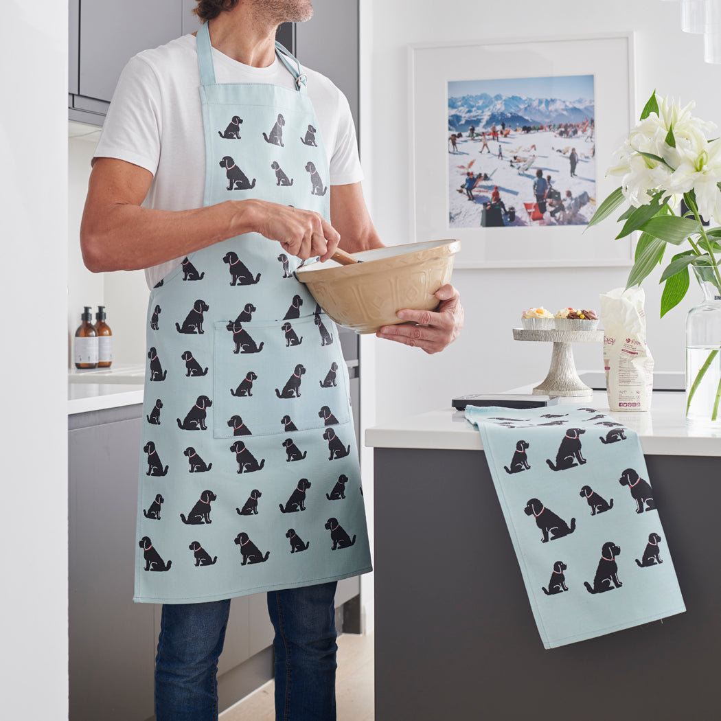 Black Cockapoo apron and tea towel set — matching organic cotton dog lover gifts by Sweet William Designs
