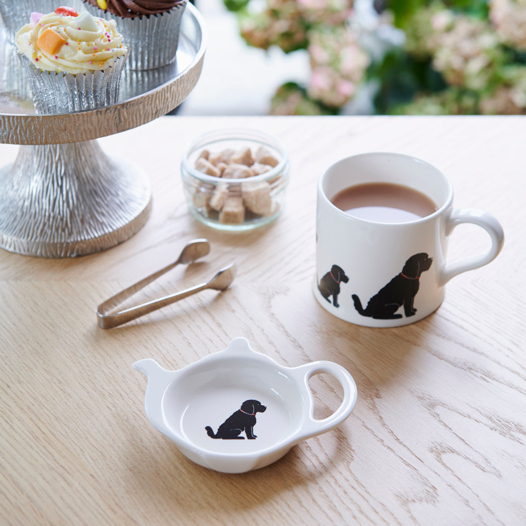 Black Cockapoo / Labradoodle teabag dish styled on table setting with matching mug — dog lover gift by Sweet William Designs