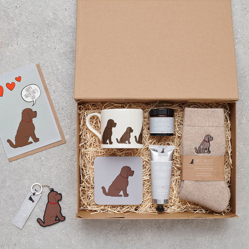 Chocolate Cockapoo / Labradoodle gift hamper featuring coaster and matching mug — thoughtful dog lover gift set by Sweet William Designs