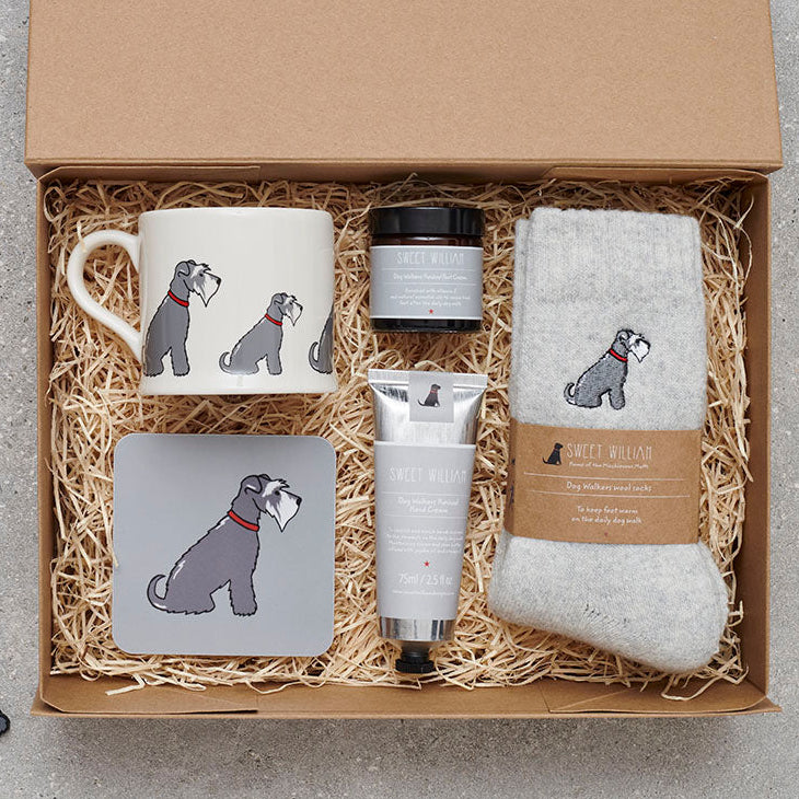 Grey Schnauzer gift hamper featuring coaster and matching mug — thoughtful dog lover gift set by Sweet William Designs