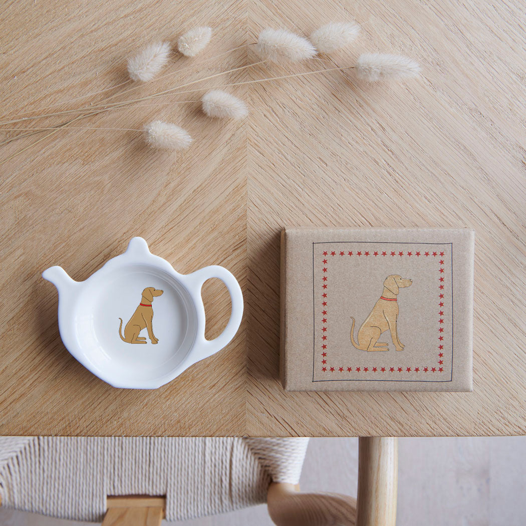 White teapot-shaped Vizsla teabag dish beside its kraft gift box, both featuring a golden-brown Vizsla illustration with a red collar