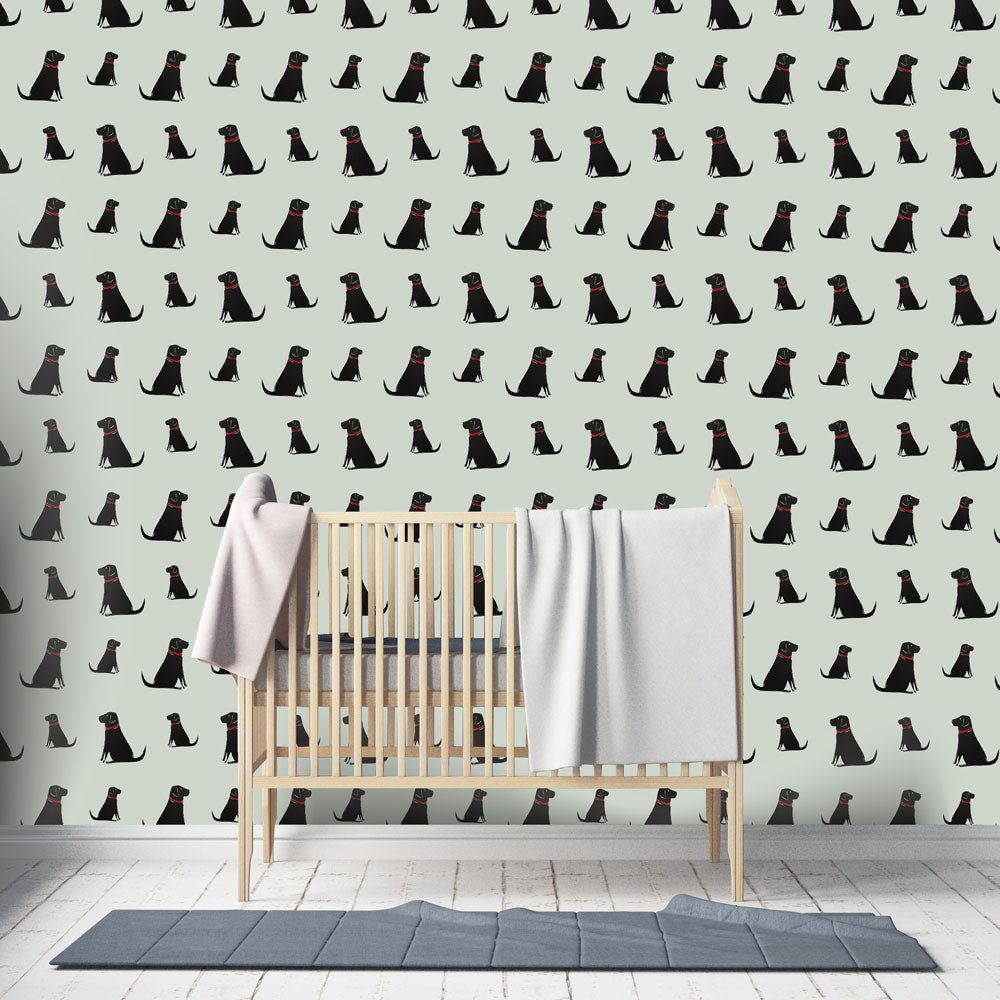 Sweet William Designs Black Labrador wallpaper styled in nursery — sage green repeat pattern