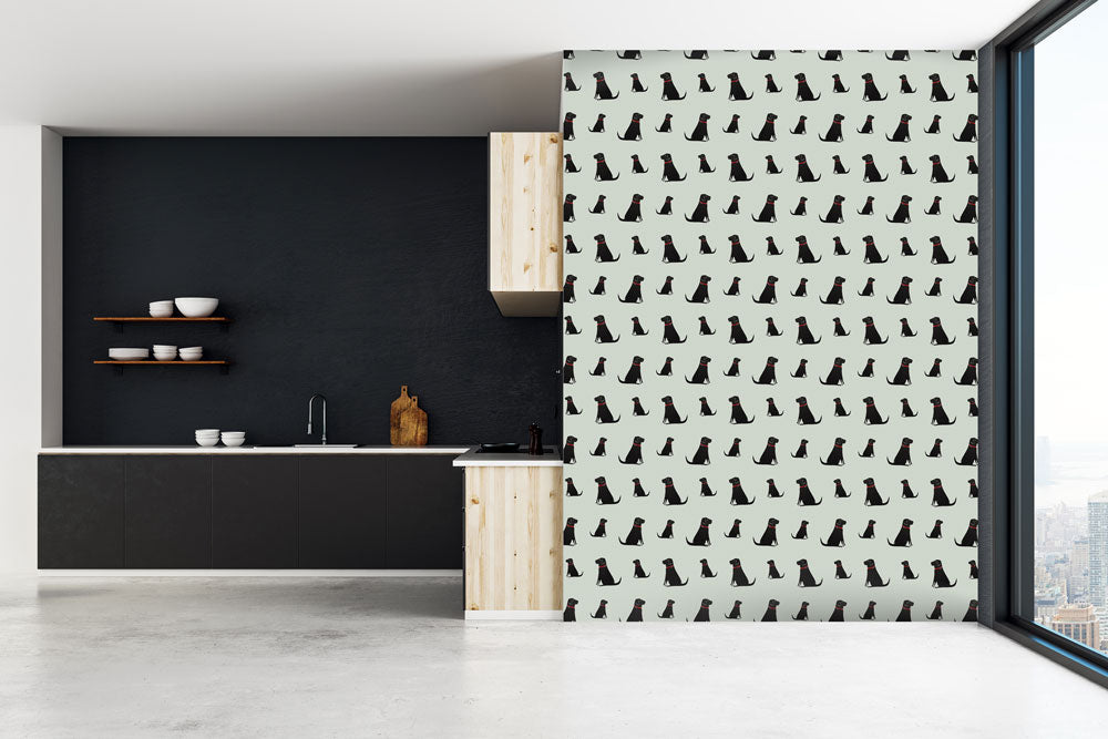 Sweet William Designs Black Labrador wallpaper in contemporary kitchen — hand-illustrated repeat pattern