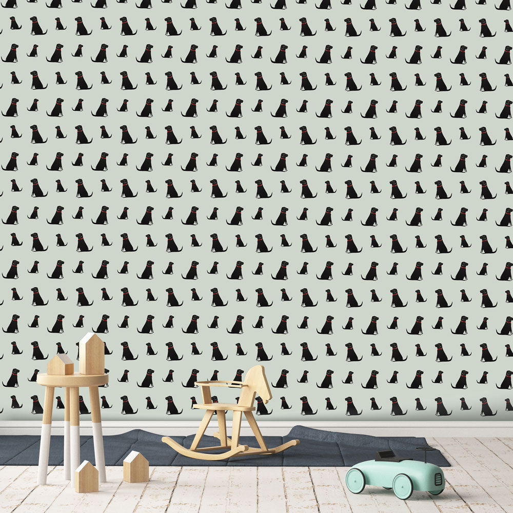 Black Labrador wallpaper — repeat illustrated Labrador pattern with red collar on sage green, by Sweet William Designs