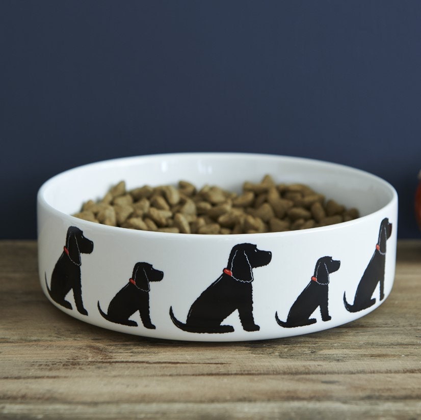 Black Cocker Spaniel ceramic dog bowl — signature illustration, dishwasher safe dog lover gift by Sweet William Designs