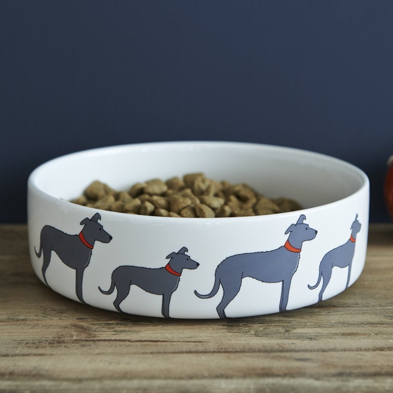Lurcher dog bowl with signature illustration — ceramic dog lover gift by Sweet William Designs