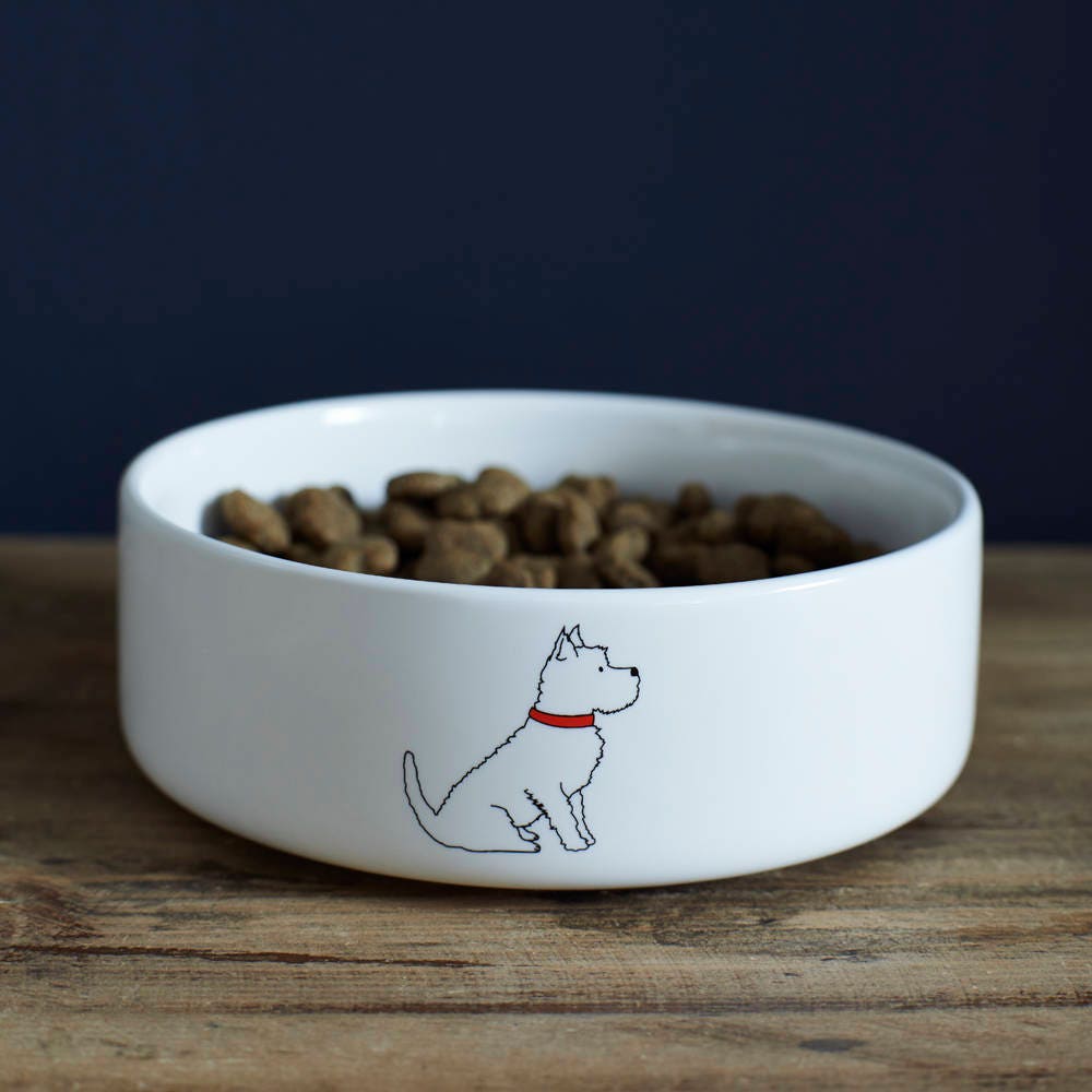Westie dog bowl — ceramic bowl with signature Westie illustration on the outside, dog lover gift by Sweet William Designs