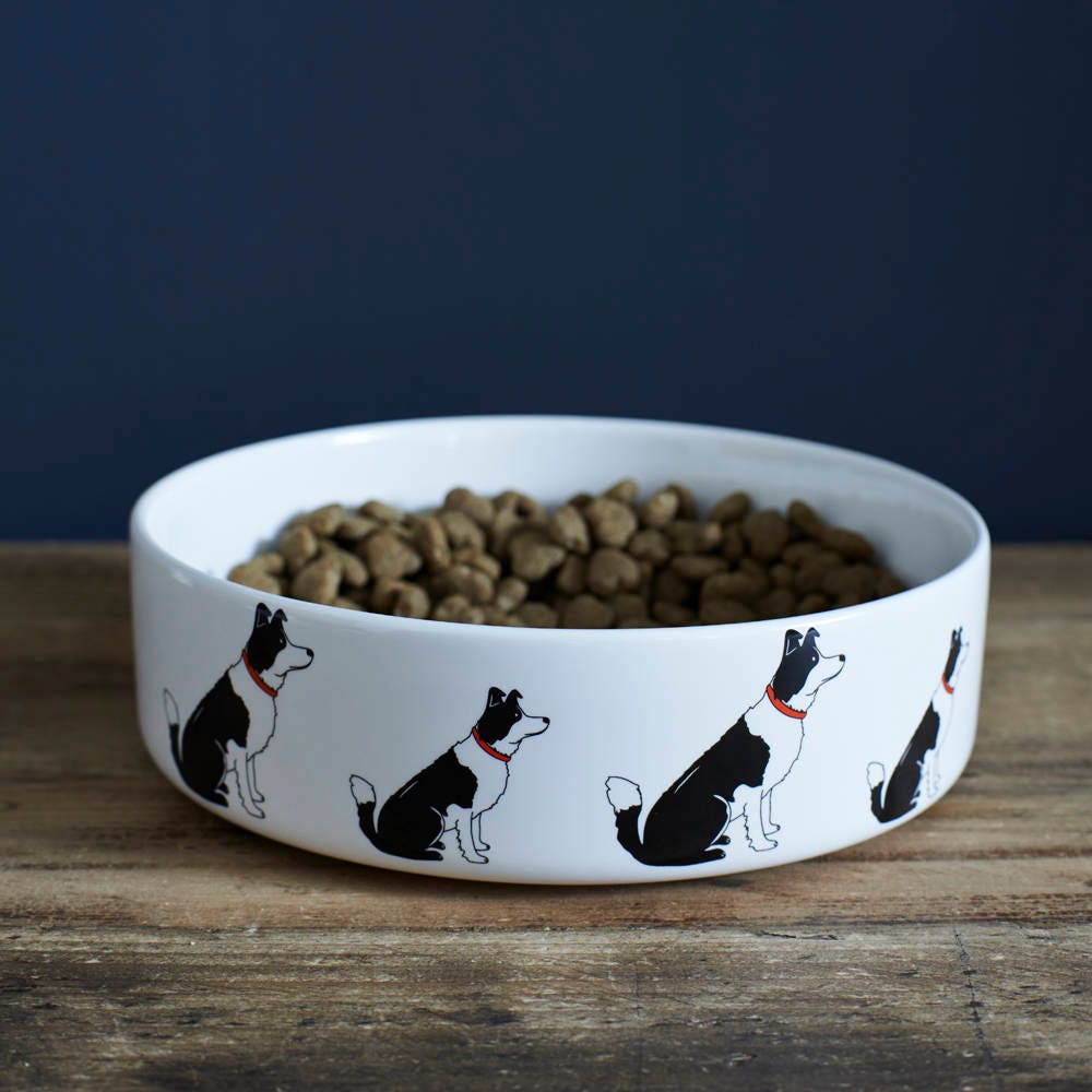 Border Collie ceramic dog bowl — illustrated black and white Collie design, dishwasher safe dog lover gift by Sweet William Designs