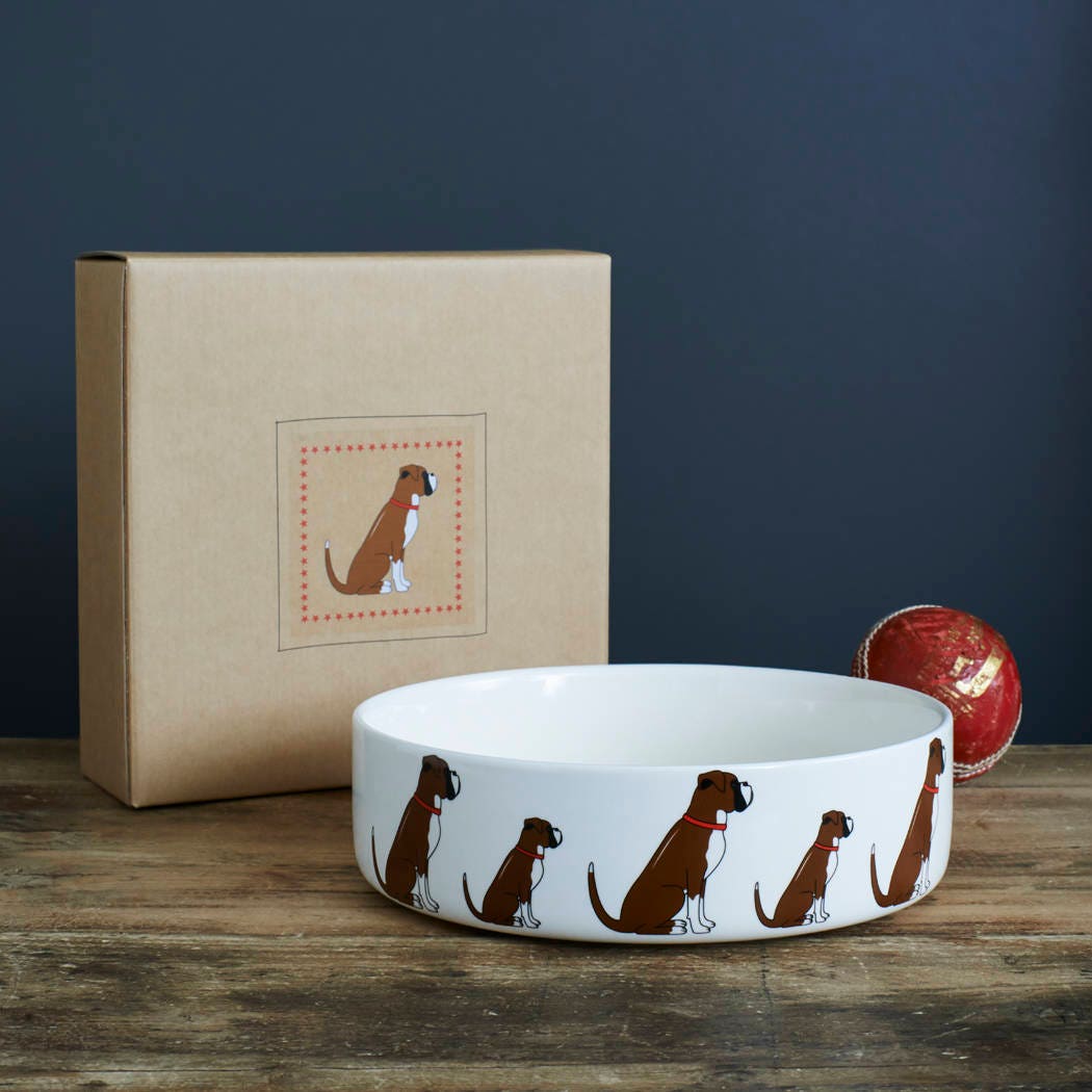 Boxer dog bowl with kraft gift box — ceramic Boxer dog design, perfect gift for Boxer lovers by Sweet William Designs