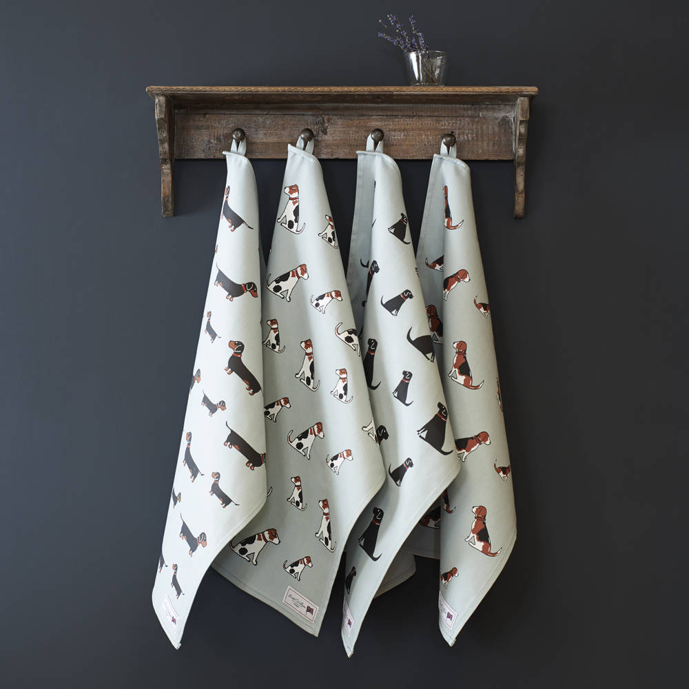 Four dog breed tea towels — organic cotton screen printed kitchen gifts for dog lovers by Sweet William Designs