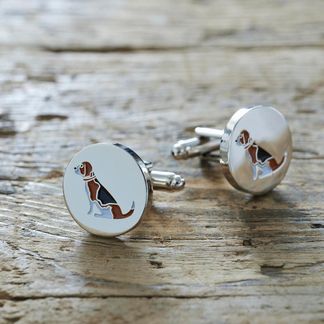 Pair of Beagle cufflinks on rustic wood — silver-plated with illustrated Beagle design, T-bar fastening, dog lover gift