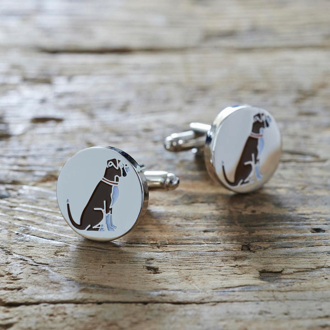 Pair of Boxer cufflinks on rustic wood — silver-plated with illustrated Boxer design, T-bar fastening, dog lover gift