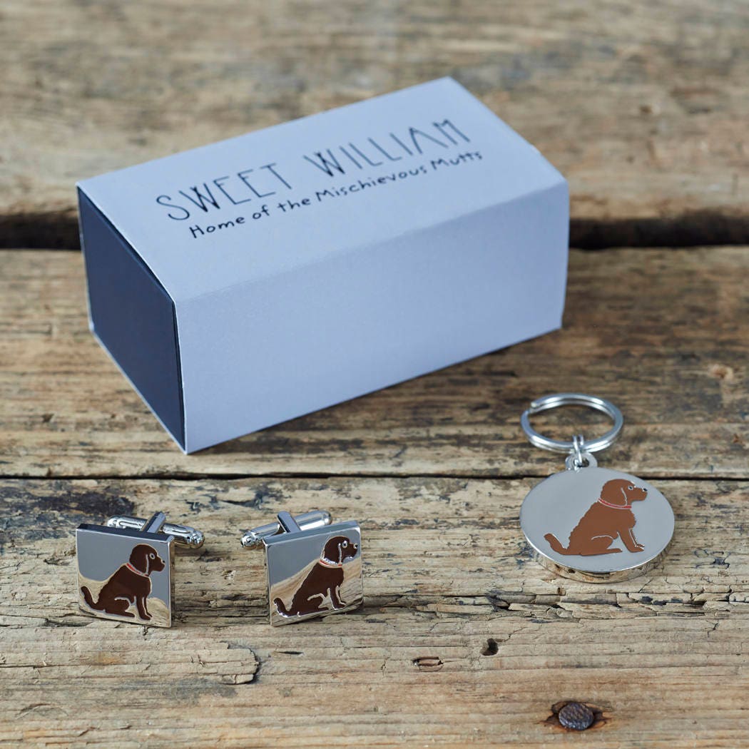 Chocolate Cockapoo / Labradoodle cufflinks and dog tag set with Sweet William Designs gift box — silver-plated Daddy & Me gift for Cockapoo / Labradoodle owners