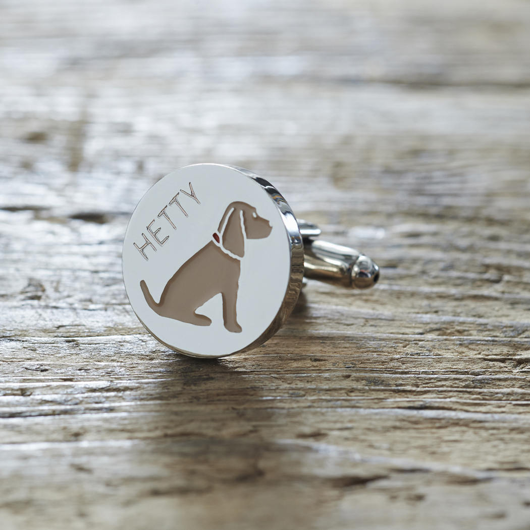 Close-up of personalised Golden Cocker Spaniel cufflink engraved with name on rustic wood — silver-plated gift for Cocker Spaniel owners
