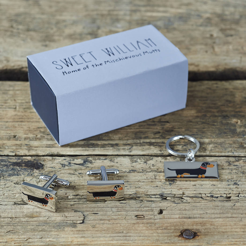 Dachshund cufflinks and dog tag set with Sweet William Designs gift box — silver-plated Daddy & Me gift for Dachshund owners