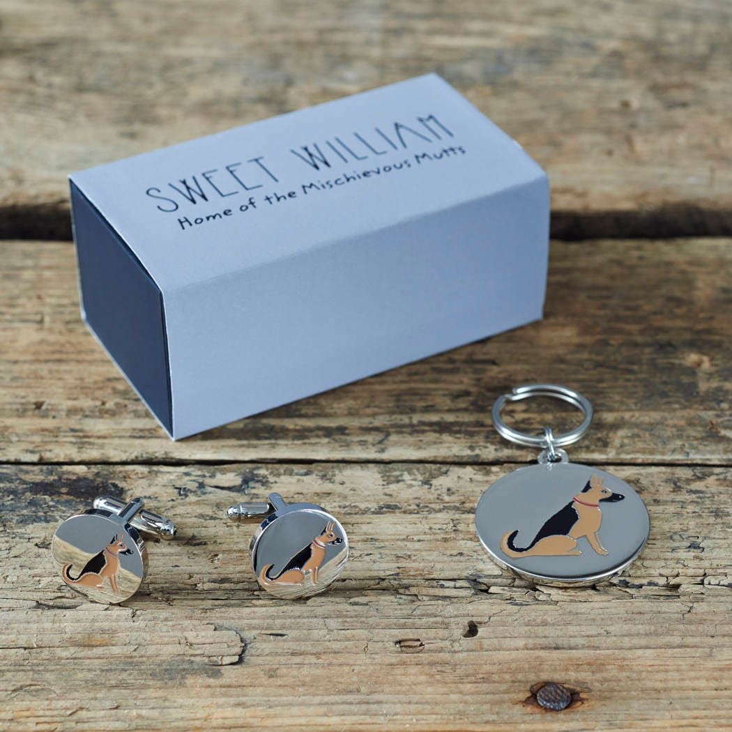 German Shepherd cufflinks and dog tag set with Sweet William gift box — silver-plated dog lover gift by Sweet William Designs
