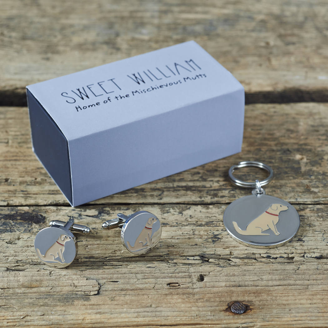 Golden Retriever cufflinks and dog tag set with Sweet William Designs gift box — silver-plated Daddy & Me gift for Golden Retriever owners
