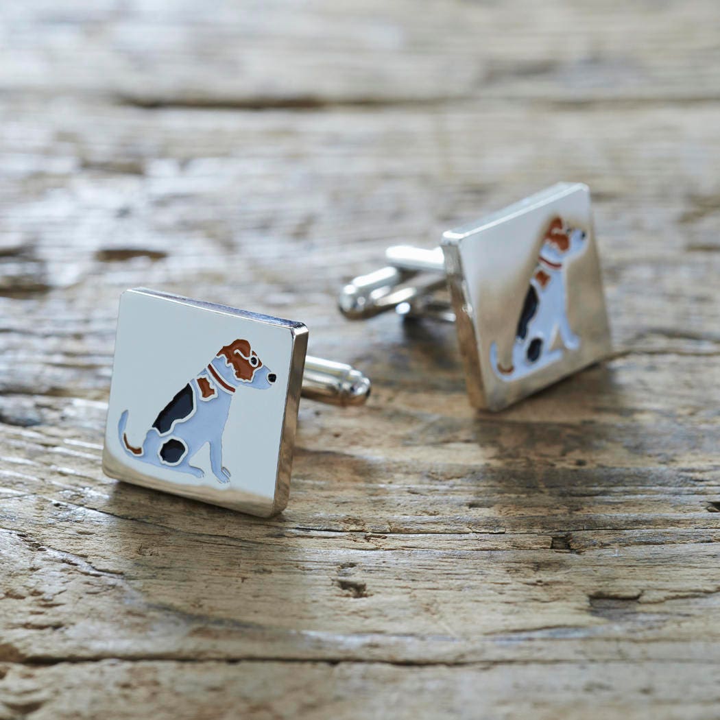 Pair of Jack Russell cufflinks on rustic wood — silver-plated with illustrated Jack Russell design, T-bar fastening, dog lover gift