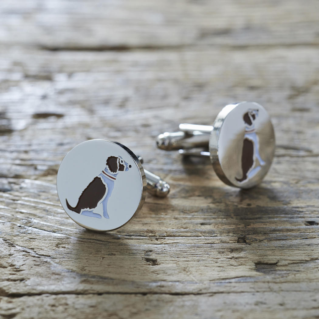 Pair of Liver & White Springer Spaniel cufflinks on rustic wood — silver-plated with illustrated Springer Spaniel design, T-bar fastening, dog lover gift