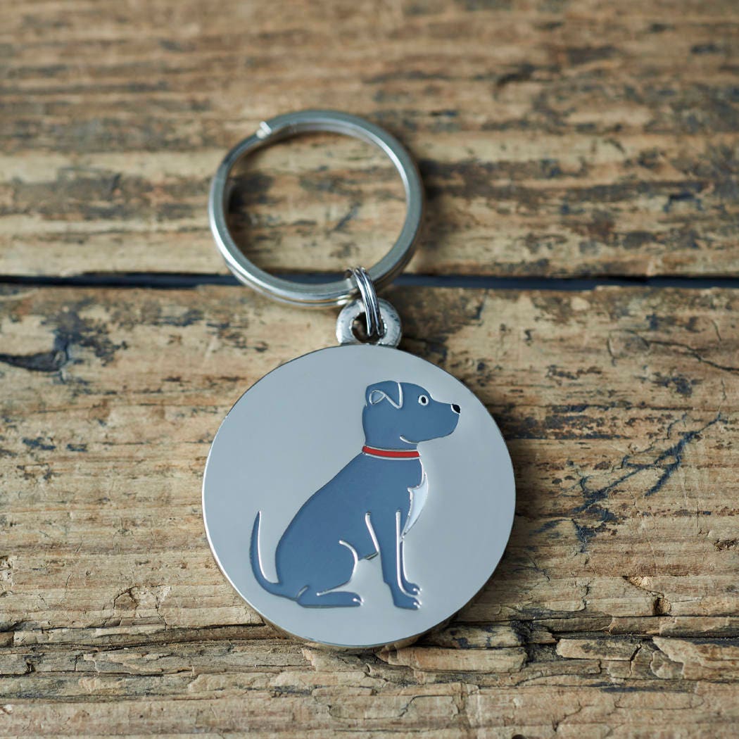 Close-up of Staffie dog ID tag — silver-plated brass with illustrated Staffordshire Bull Terrier design, personalised dog tag by Sweet William Designs