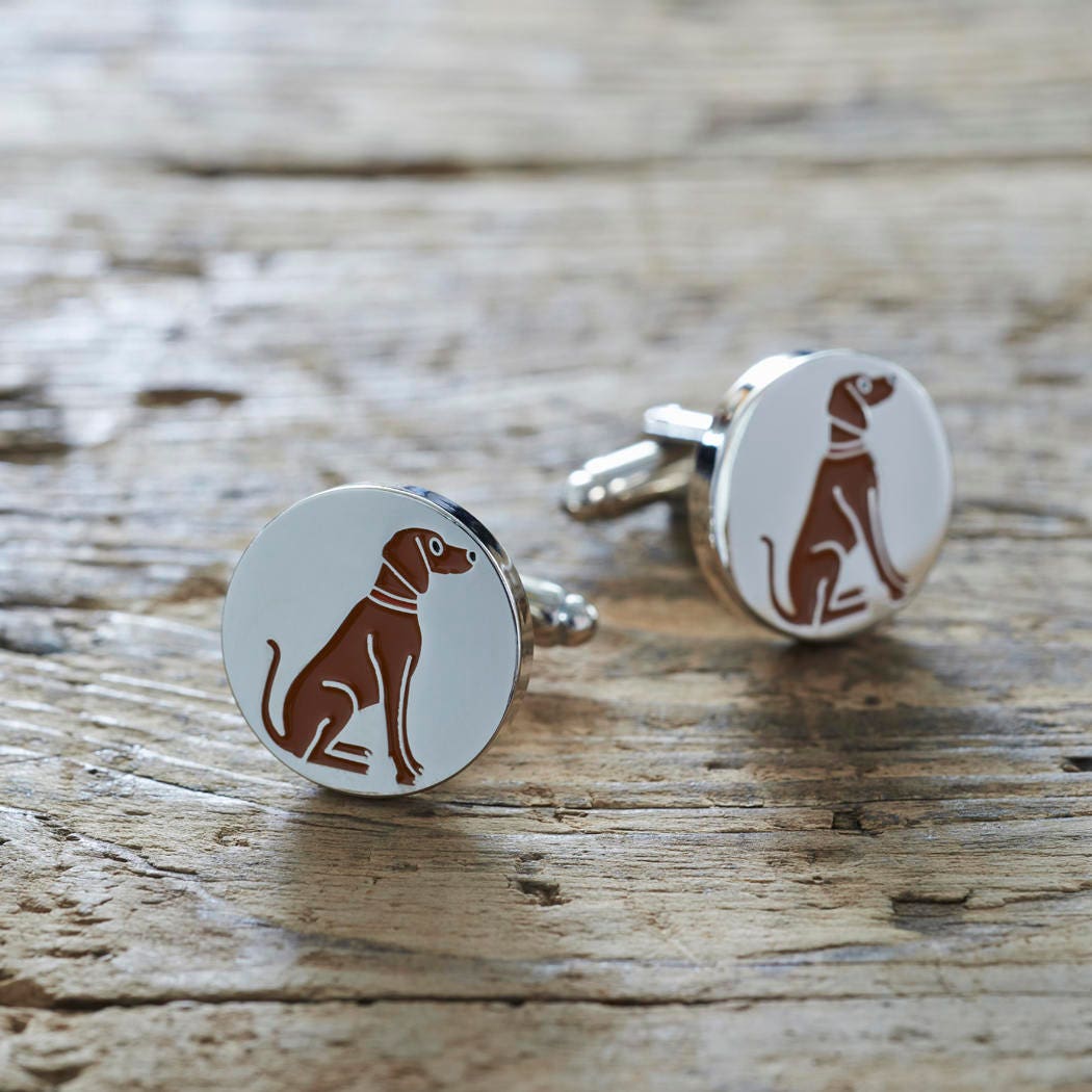 Pair of Vizsla cufflinks on rustic wood — silver-plated with illustrated Vizsla design, T-bar fastening, dog lover gift