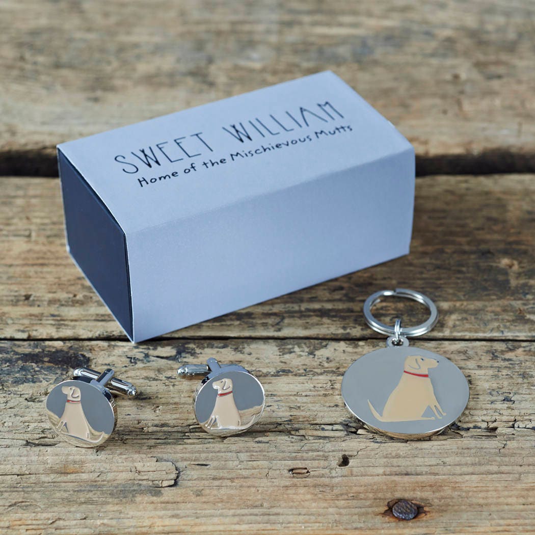 Yellow Labrador cufflinks and dog tag set with Sweet William Designs gift box — silver-plated Daddy & Me gift for Yellow Labrador owners