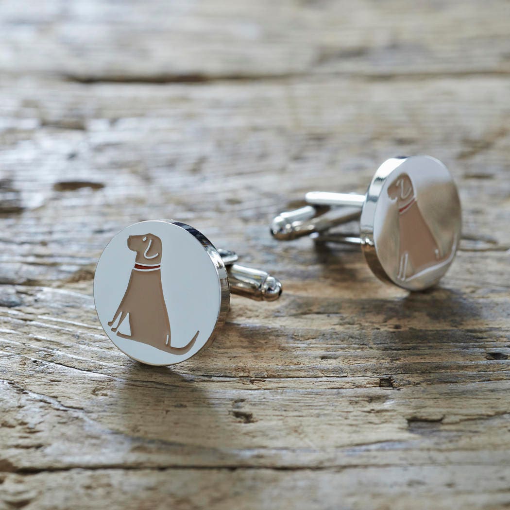 Pair of Yellow Labrador cufflinks on rustic wood — silver-plated with illustrated Yellow Lab design, T-bar fastening, dog lover gift