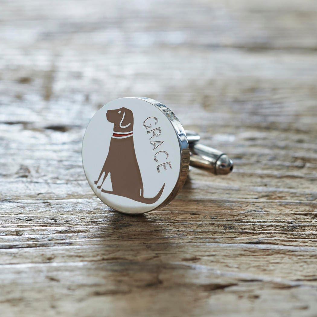 Close-up of personalised Chocolate Labrador cufflink engraved with name — silver-plated brass, thoughtful gift for Chocolate Lab owners