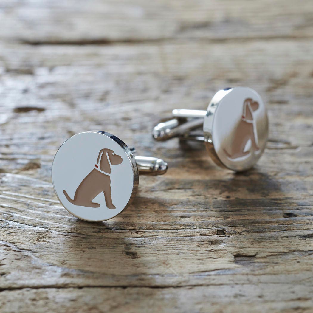 Golden Cocker Spaniel cufflinks on rustic wood — silver-plated with illustrated Golden Cocker Spaniel design, dog lover gift by Sweet William Designs