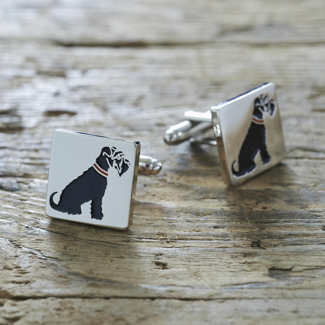 Black Schnauzer cufflinks on rustic wood — silver-plated with illustrated Black Schnauzer design, dog lover gift by Sweet William Designs
