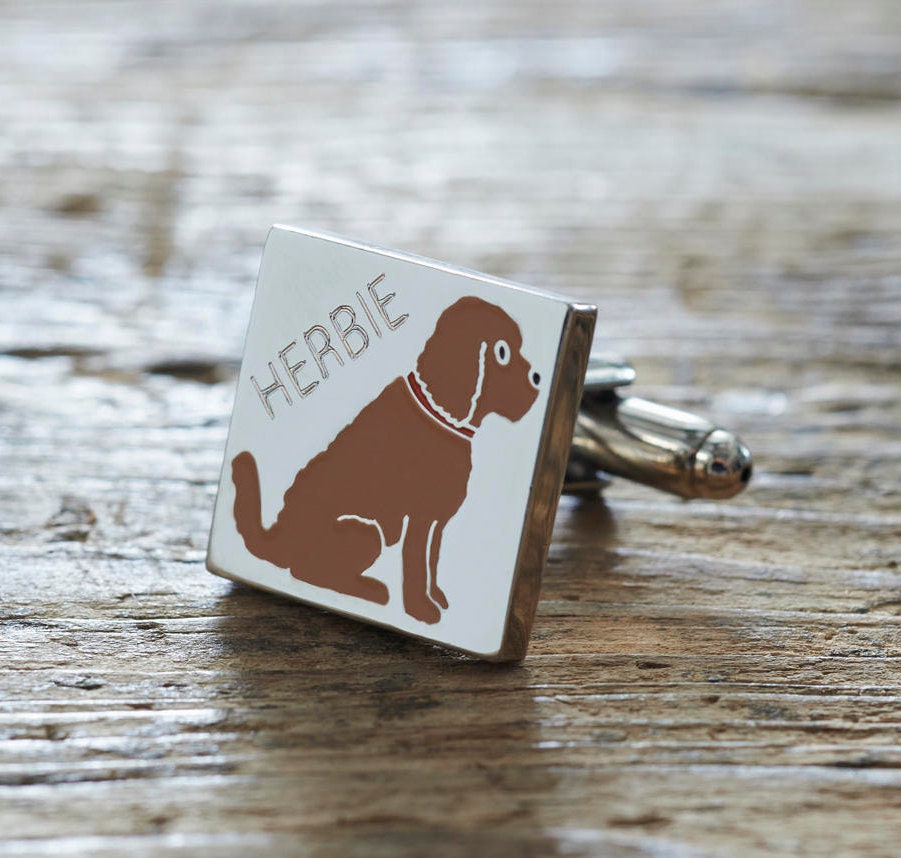 Close-up of personalised Chocolate Cockapoo / Labradoodle cufflink engraved with name — silver-plated brass, thoughtful gift for Cockapoo owners