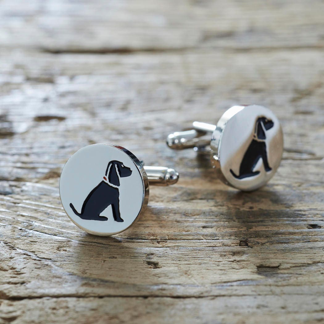 Black Cocker Spaniel cufflinks on rustic wood — silver-plated with illustrated Black Cocker Spaniel design, dog lover gift by Sweet William Designs