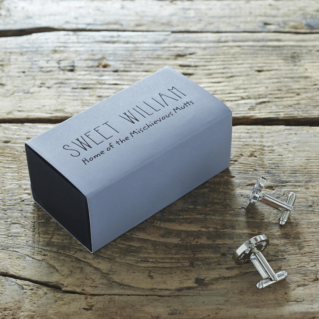 Silver-plated dog cufflinks with Sweet William Designs gift box — personalised dog lover gift, perfect for dog owners
