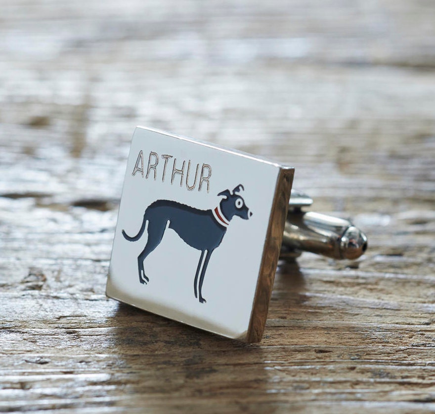 Close-up of personalised Lurcher cufflink engraved with name — silver-plated brass, thoughtful gift for Lurcher owners