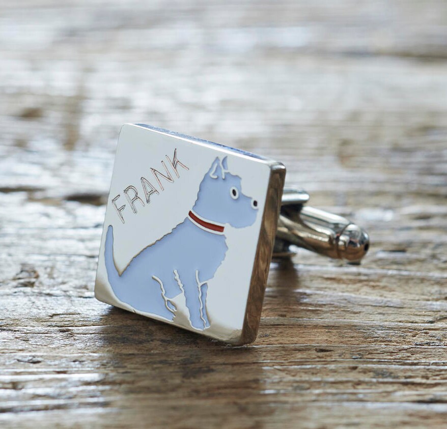 Close-up of personalised Westie cufflink engraved with name — silver-plated brass, thoughtful gift for Westie owners