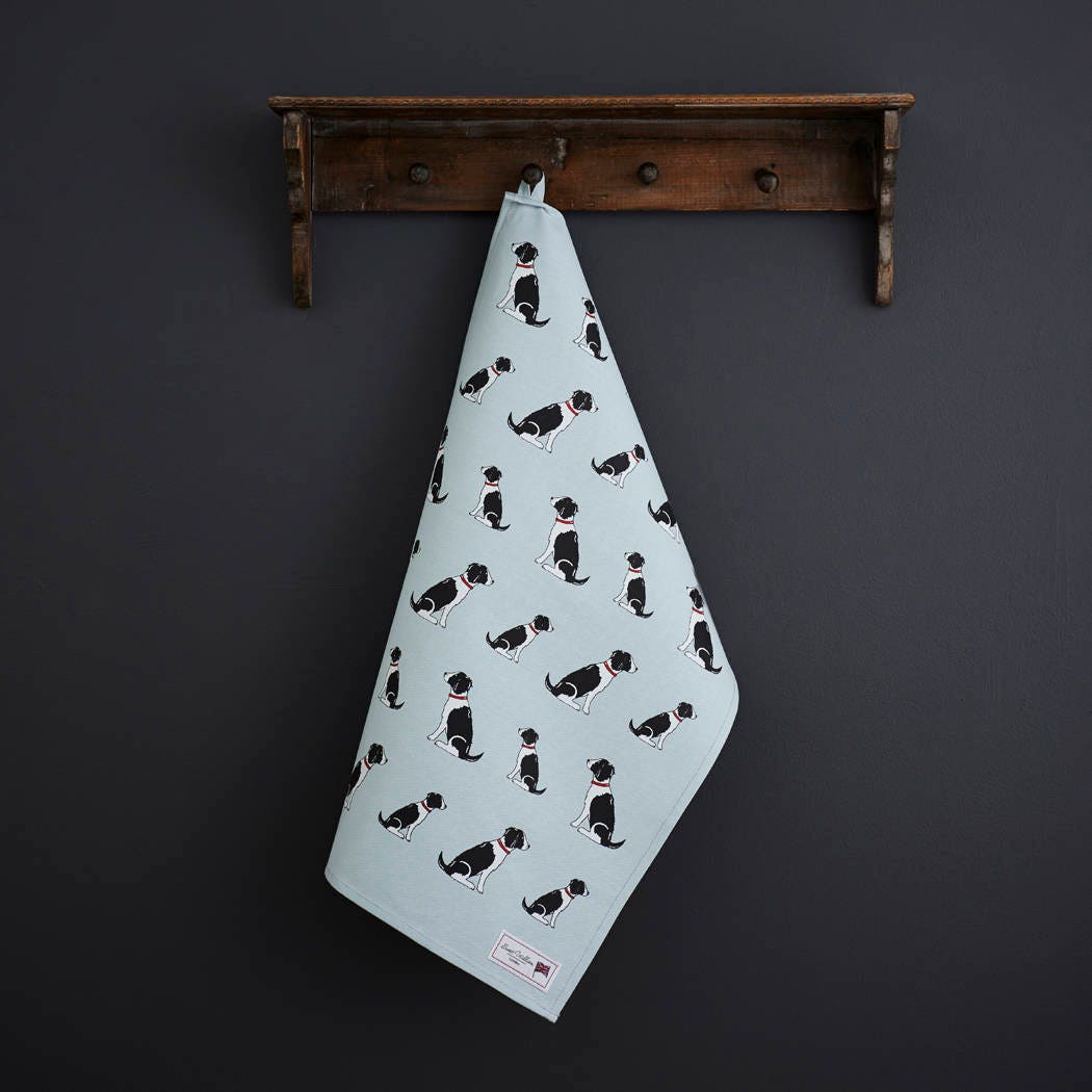 Black & White Springer Spaniel tea towel in thick organic cotton — screen printed Black & White Springer Spaniel illustration, kitchen gift for dog lovers by Sweet William Designs