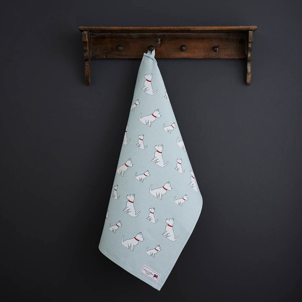 Westie tea towel in thick organic cotton — screen printed Westie illustration, kitchen gift for dog lovers by Sweet William Designs